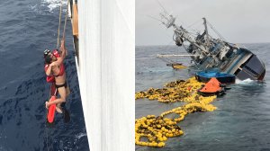 A U.S. Coast Guard rescue swimmer from a Coast Guard cutter, left, holds onto a crew member from the Ecuadorian fishing vessel Marujita about 336 miles southeast of Clipperton Island on Aug. 7, 2019. On the right, fishing nets, life rafts, and debris from Marujita float behind the capsizing vessel. (Credit: U.S. Coast Guard)