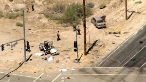 An investigation was underway in Lancaster after a fatal multivehicle crash on Aug. 14, 2019. (Credit: KTLA)