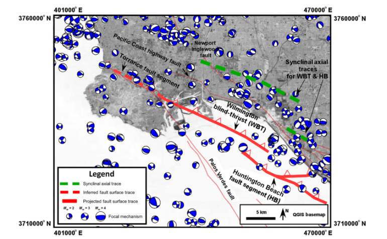 A map shows the Wilmington Fault. (Credit: U.S. Geological Survey via Los Angeles Times)