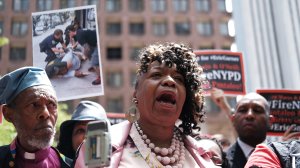 Gwen Carr, mother of Eric Garner, joins others during a news conference outside of Police Headquarters in Manhattan to protest during the police disciplinary hearing for Officer Daniel Pantaleo, who was accused of recklessly using a chokehold that led to Eric Garner’s death during an arrest in July 2014 on May 21, 2019 in New York City. (Credit: Spencer Platt/Getty Images)