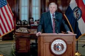 Gov. Mike Parson speaks during a press conference to discuss the status of license renewal for the St. Louis Planned Parenthood facility on May 29, 2019 in Jefferson City, Missouri. (Credit: Jacob Moscovitch/Getty Images)