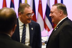 Mike Pompeo, right, speaks to Russia's Deputy Foreign Minister Igor Morgulov during the East Asia Summit Foreign Ministers' Meeting on the sidelines of the 52nd Association of Southeast Asian Nations (ASEAN) Foreign Ministers' Meeting in Bangkok on Aug. 2, 2019. (Credit: ROMEO GACAD/AFP/Getty Images)