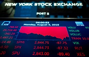 A TV screen shows the numbers after the closing bell at the New York Stock Exchange on Aug. 5, 2019. (Credit: Johannes Eisele / AFP / Getty Images)