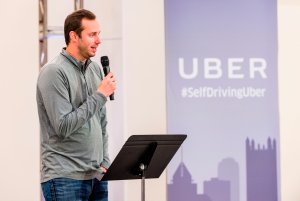 Anthony Levandowski speaks to members of the press during the launch of the pilot model of the Uber self-driving car in Pittsburgh, Pennsylvania, on Sept. 13, 2016. (Credit: Angelo Merendino / AFP / Getty Images)