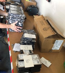 Detectives found about 200 hard drives at the residence of Peter Nhan on Aug. 1, 2019. (Credit: Simi Valley Police Department)