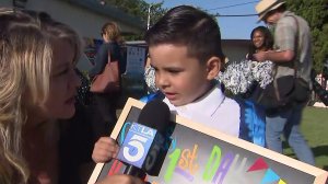 Cash, 5, prepares for his first day of kindergarten at Van Deene Avenue Elementary School in Torrance on Aug. 20, 2019. (Credit: KTLA)