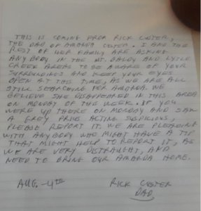 Los Angeles County Sheriff's Department officials released this photo of a letter written by Amanda Custer's father, Rick Custer, on Aug. 5, 2019. 