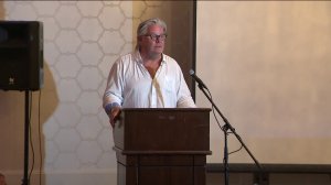 David E. Stanley, the stepbrother of Elvis Presley, speaks during OverTaken Lives' International Overdose Awareness Day event in Laguna Hills on Aug. 16, 2019. (Credit: KTLA)