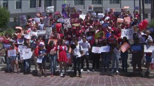 Demonstrators demand gun control during a rally in downtown Los Angeles on Aug. 17, 2019. (Credit: KTLA)