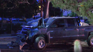 A pickup truck is seen after crashing into a home in Beaumont on August 3, 2019. (Credit: RMG News)