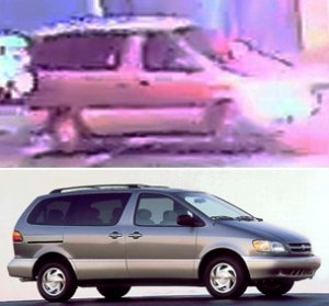 The van that struck a Los Angeles police officer in South L.A. on Aug. 26, 2019, is seen in a surveillance image released by the department, top, and below is a photo showing a similar vehicle.