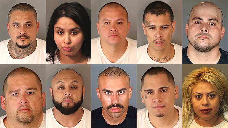 From left to right, top row then bottom row: Rolando Aguilar, 40, of Compton; Brandy Aleman, 29, of Grand Terrace; Thomas Barragan, 47, of Rialto; Kevin Curiel, 30, of La Puente; Jose Delgado, 35, of West Covina; Daniel Lopez, 43, multiple hometowns; Jose Juan Marrero Colon, 37, of Grand Terrace; Diego Martinez Hispanic, 21, of La Puente; Sean Serrano, 30, of Upland; Elvira Vargas, 27, of West Covina. (Credit: Riverside County Sheriff's Department)