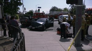 Authorities respond to a two-car collision in Sylmar on Aug. 7, 2019. (Credit: OnScene.TV)