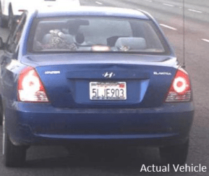 A 2004 blue Hyundai Elantra, CA plates 5LJE903, believed to be linked to a Littlerock shooting suspect, is seen in this photo from the Los Angeles County Sheriff's Department.