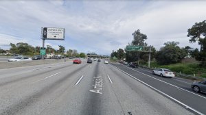 The eastbound 91 Freeway, approaching Bloomfield Avenue, in Cerritos, as pictured in a Google Street View image.