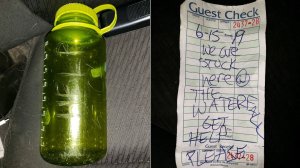 A family stranded in the Arroyo Seco River in June 2019 included a note in a bottle that reads: “6-15-19 WE ARE STUCK HERE @ THE WATERFALL GET HELP PLEASE.” (Credit: Curtis Whitson via CNN)