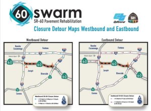 A map shows suggested detours while work continues on the 60 Freeway.(Credit: Caltrans via Los Angeles Times)