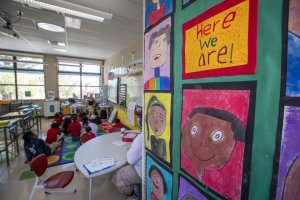 Student drawings are on display in a second-grade math class at Bayside Martin Luther King Jr. Academy in Sausalito.(Credit: Allen J. Schaben / Los Angeles Times)