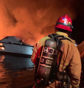Crews respond to a boat fire near Santa Cruz Island on Sept. 2, 2019. (Credit: Ventura County Fire Department)