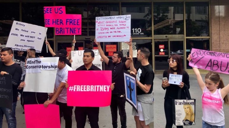 Protesters gather outside the Stanley Mosk Courthouse in Los Angeles in May 2019 as a status hearing is held on the pop star’s conservatorship.(Credit: Laura Newberry / Los Angeles Times)