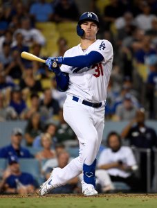 Joc Pederson of the Los Angeles Dodgers swings against Colorado Rockies during the sixth inning at Dodger Stadium on September 4, 2019 in Los Angeles. (Credit: Kevork Djansezian/Getty Images)