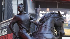 The sculpture "Rumors of War" is unveiled in Times Square on September 27, 2019 in New York City. (Credit: Spencer Platt/Getty Images)