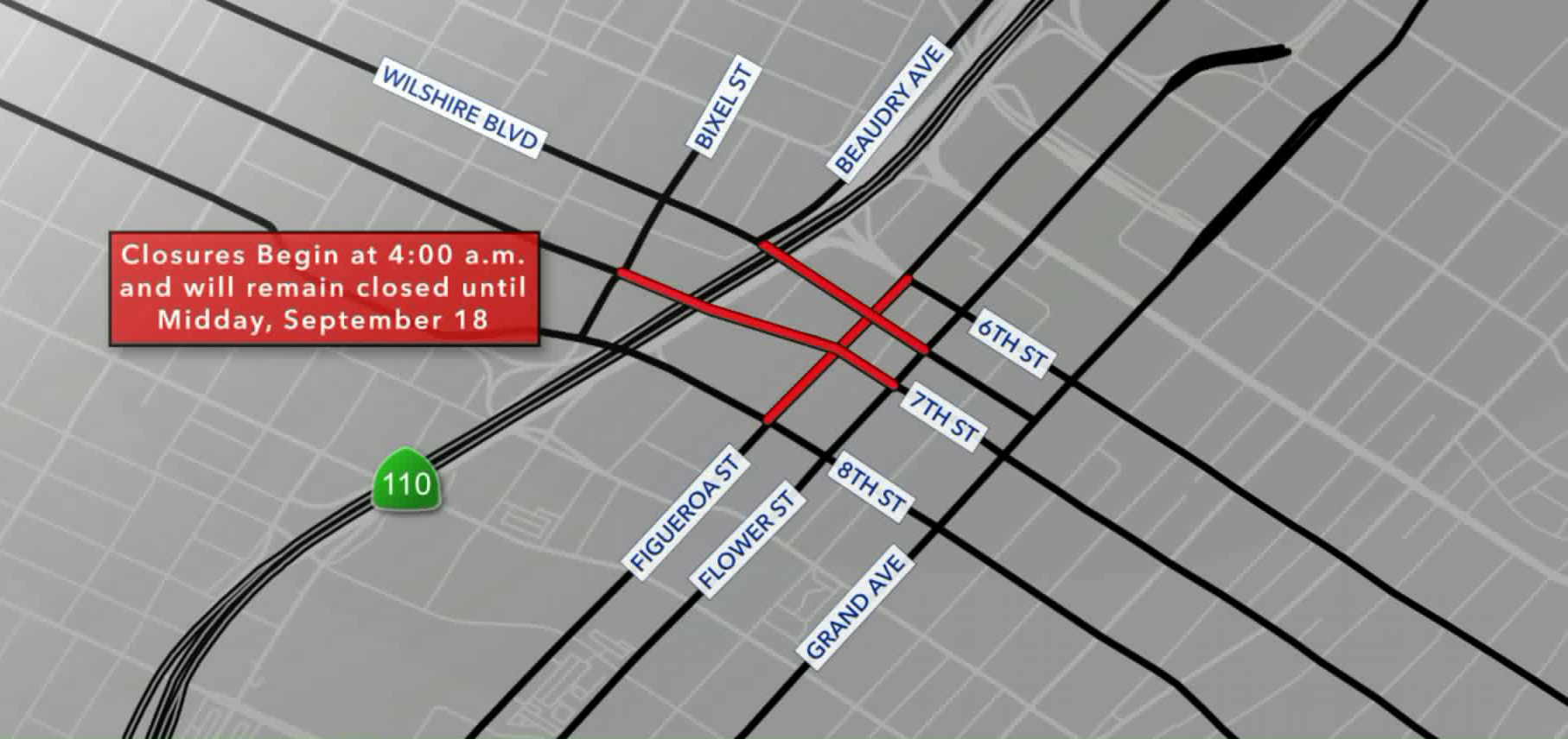 Closures begin at 4 a.m. and will remain closed until midday on Wednesday. (Credit: KTLA)