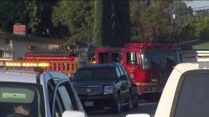 A fire truck is seen at the scene of a police standoff in Pomona on Sept. 25, 2019. (Credit: KTLA)