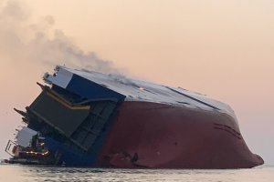 The U.S. Coast Guard said the Golden Ray, a 656-foot cargo ship, was "listing heavily" off the coast of Georgia on Sept. 8, 2019. (Credit: U.S. Coast Guard via CNN)