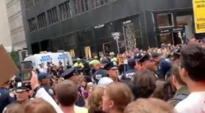 Protesters outside a Microsoft store on 5th Avenue in New York City protest the company's contract with ICE on Sept. 14, 2019. (Credit: Yasi Razvan via CNN)