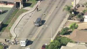 A portion of Cooper Road was blocked off near Ramona Elementary School after a boy was killed and two others injured when they were hit by a van on Sept. 30, 2019. (Credit: KTLA)