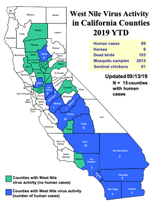 This graphic released by the California Mosquito-Borne Virus Surveillance and Response program shows the number of people who have contracted West Nile virus in each county throughout California as of Sep. 13, 2019.