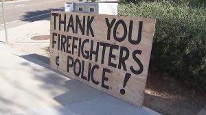 A sign thanking police and firefighters is seen in Murrieta on Sept. 6, 2019. (Credit: KTLA)