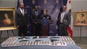LAPD officials on Sept. 4, 2019 discuss the recovery of stolen art and artifacts that had been missing for nearly three decades. (Credit: KTLA)
