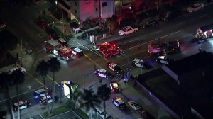 Aerial footage shows police and paramedics responding to a shooting in Long beach on Oct. 30, 2019. (Credit: KTLA)