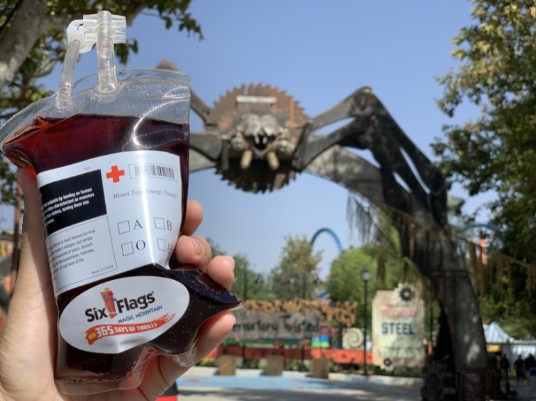 A sangria drink in what looks like an IV blood bag being sold at Six Flags Magic Mountain in Valencia is seen in an undated photo provided by the park.