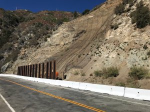 Newly constructed metal netting and barriers are seen along Angeles Crest Highway after it reopened on Oct. 22, 2019. (Credit: Caltrans)