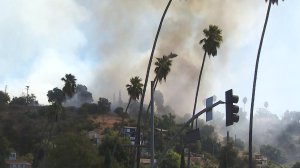 Smoke rises from a grass fire in El Sereno on Oct. 11, 2019. (Credit: KTLA)