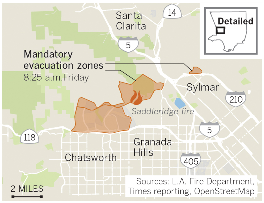 The L.A. Fire Department has established these evacuation zones for the Saddleridge fire near Sylmar. They are current as of 5 a.m.(Credit: Chris Keller / Los Angeles Times)