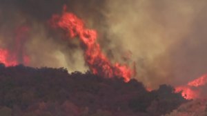 The Getty Fire burns through hundreds of acres near Brentwood on Oct. 27, 2019. (Credit: KTLA)