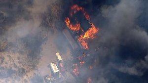 A fire burned a structure in the Agua Dulce area on Oct. 24, 2019. (Credit: KTLA)