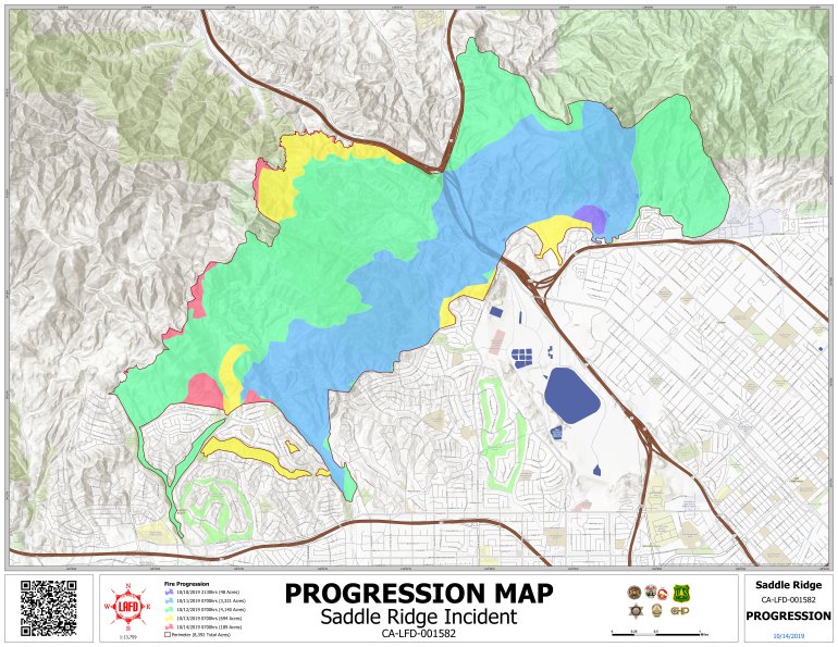 This map released Oct. 15, 2019, by the Los Angeles Fire Department shows the Saddleridge Fire's progress in its first five days.