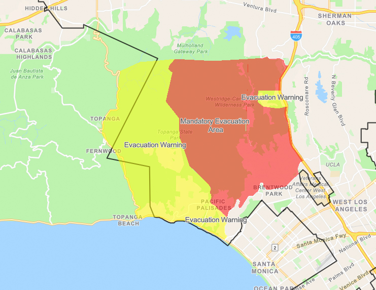 An evacuation map shows the Getty Fire mandatory and voluntary zones on Oct. 29, 2019. (Credit: Los Angeles Fire Department)