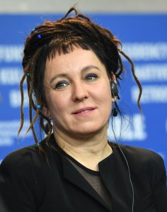 Picture taken on February 12, 2017 shows Polish author Olga Tokarczuk during a press conference at the Berlinale film festival in Berlin, Germany. (Credit: BRITTA PEDERSEN/dpa/AFP via Getty Images)