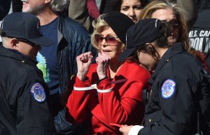 Actress Jane Fonda is arrested for blocking a street in front of the U.S. Capitol during a “Fire Drill Fridays” climate change rally on Oct. 18, 2019. (Credit: Mark Wilson / Getty Images)