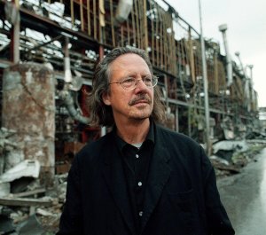 An undated file photo shows Austrian writer and dramatist Peter Handke at the "Zastava" factory destroyed by NATO air strikes in Kraguevac. (Credit: STR/AFP/Getty Images)