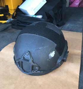 A Los Angeles Police Department SWAT officer's helmet was struck by a bullet during a shootout with a suspect in the South Park neighborhood of South Los Angeles on June 5, 2017. (Credit: Los Angeles Police Department)