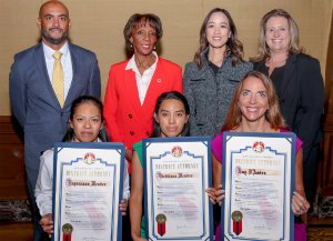 (Left to right, bottom row:) Esperanza Mendez of Los Angeles, Virdiana Mendez of Los Angeles, Amy D'Ambra of Rolling Hills and Joel Ortuno Jr. of Anaheim (not pictured) were honored by Los Angeles County District Attorney Jackie Lacey for acts of courage on Oct. 4, 2019. (Credit: Los Angeles County District Attorney's Office)