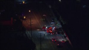 Two horses died and two riders were badly hurt in a hit-and-run in Lakeview Terrace on Oct. 25, 2019. (Credit: KTLA)