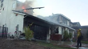 A burned home is seen in the Santa Clarita area during the Tick Fire on Oct. 25, 2019. (Credit: KTLA)